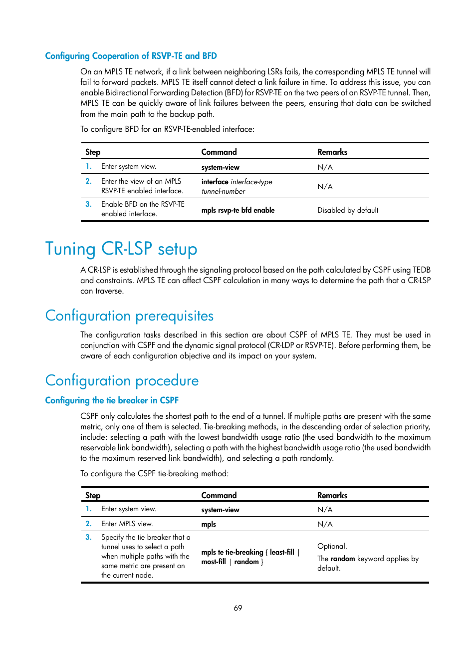 Configuring cooperation of rsvp-te and bfd, Tuning cr-lsp setup, Configuration prerequisites | Configuration procedure, Configuring the tie breaker in cspf | H3C Technologies H3C SR8800 User Manual | Page 80 / 410