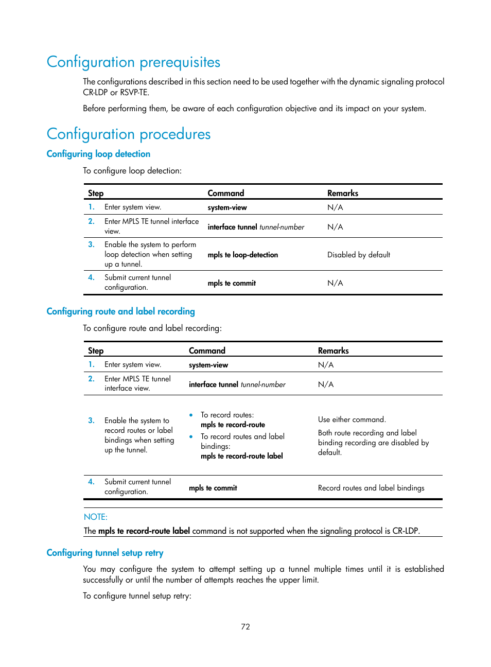 Configuration prerequisites, Configuration procedures, Configuring loop detection | Configuring route and label recording, Configuring tunnel setup retry | H3C Technologies H3C SR8800 User Manual | Page 83 / 410
