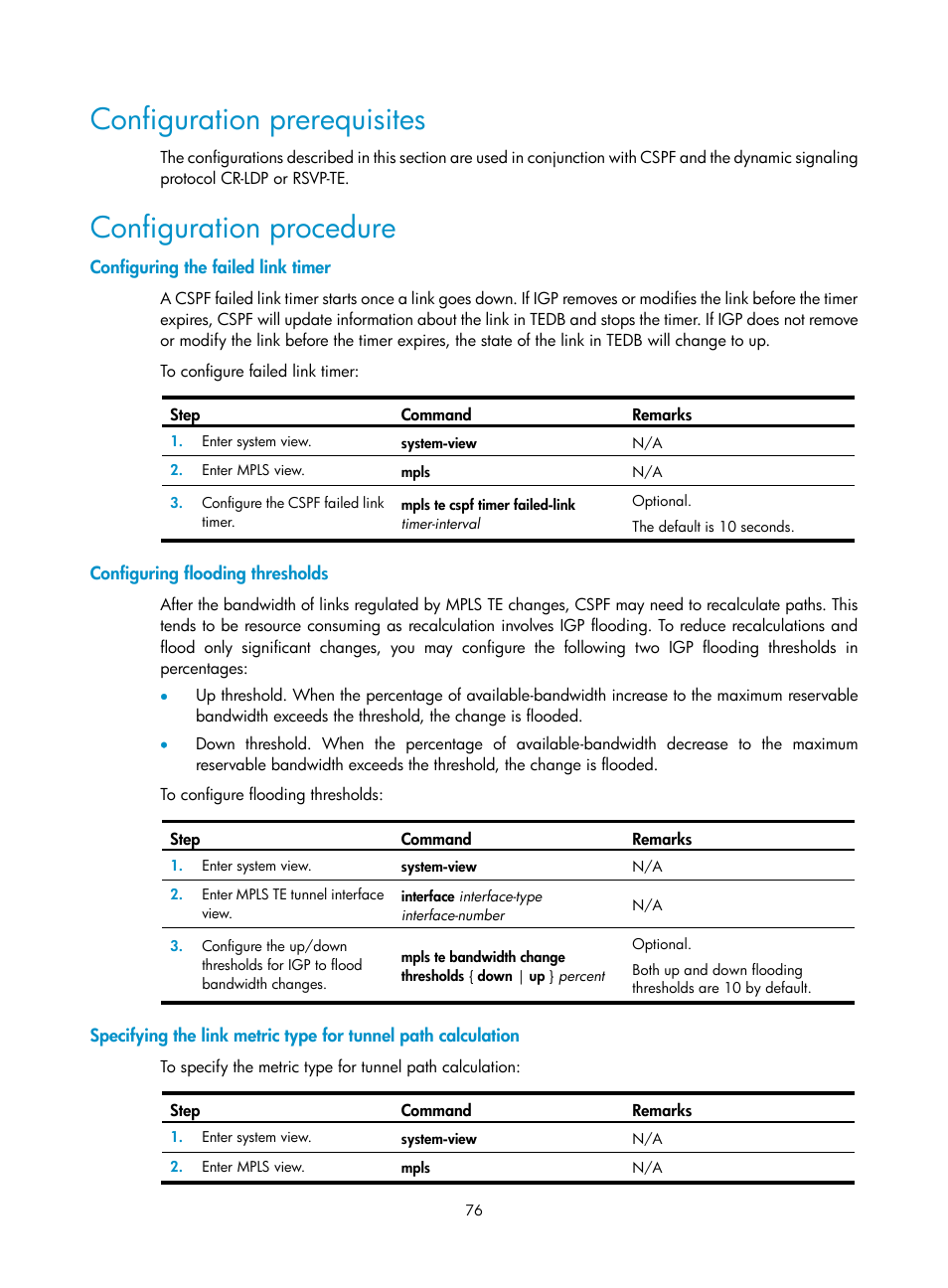 Configuration prerequisites, Configuration procedure, Configuring the failed link timer | Configuring flooding thresholds | H3C Technologies H3C SR8800 User Manual | Page 87 / 410