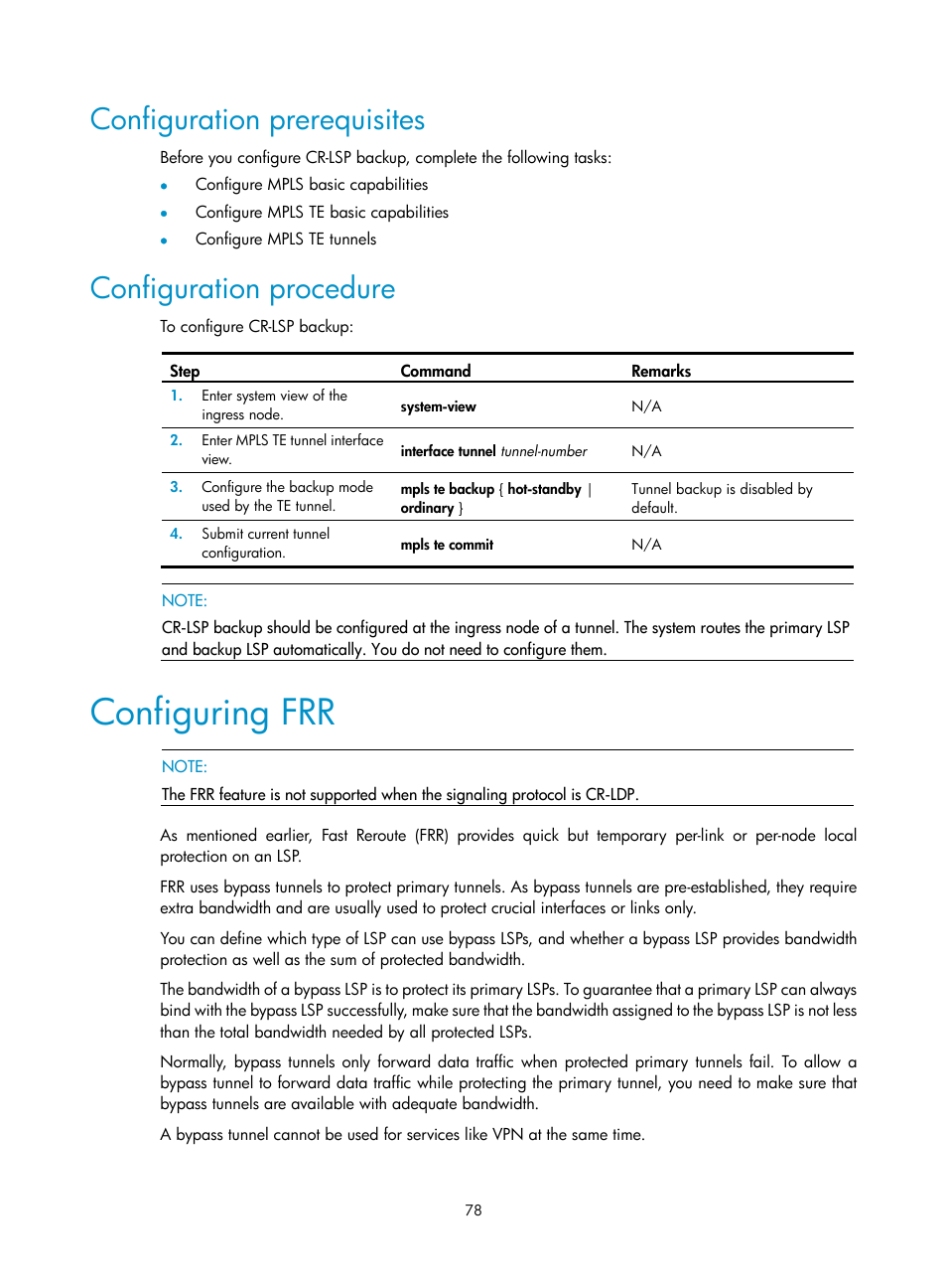 Configuration prerequisites, Configuration procedure, Configuring frr | H3C Technologies H3C SR8800 User Manual | Page 89 / 410