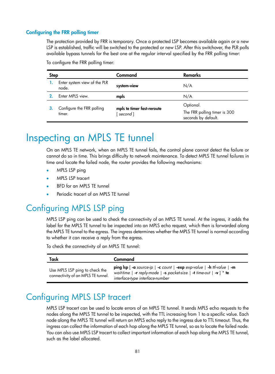 Configuring the frr polling timer, Inspecting an mpls te tunnel, Configuring mpls lsp ping | Configuring mpls lsp tracert | H3C Technologies H3C SR8800 User Manual | Page 92 / 410