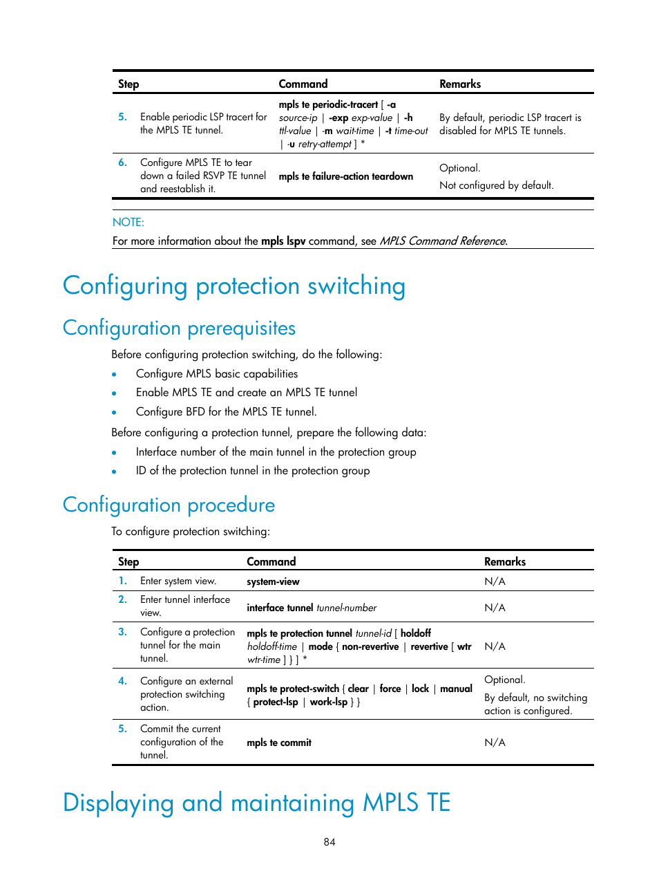 Configuring protection switching, Configuration prerequisites, Configuration procedure | Displaying and maintaining mpls te | H3C Technologies H3C SR8800 User Manual | Page 95 / 410