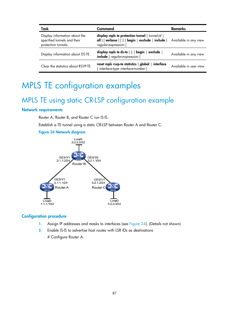 Mpls te configuration examples, Mpls te using static cr-lsp configuration example, Network requirements | Configuration procedure | H3C Technologies H3C SR8800 User Manual | Page 98 / 410