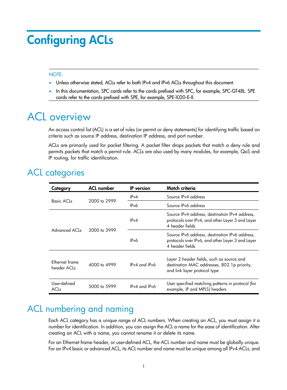 Configuring acls, Acl overview, Acl categories | Acl numbering and naming | H3C Technologies H3C SR8800 User Manual | Page 10 / 108