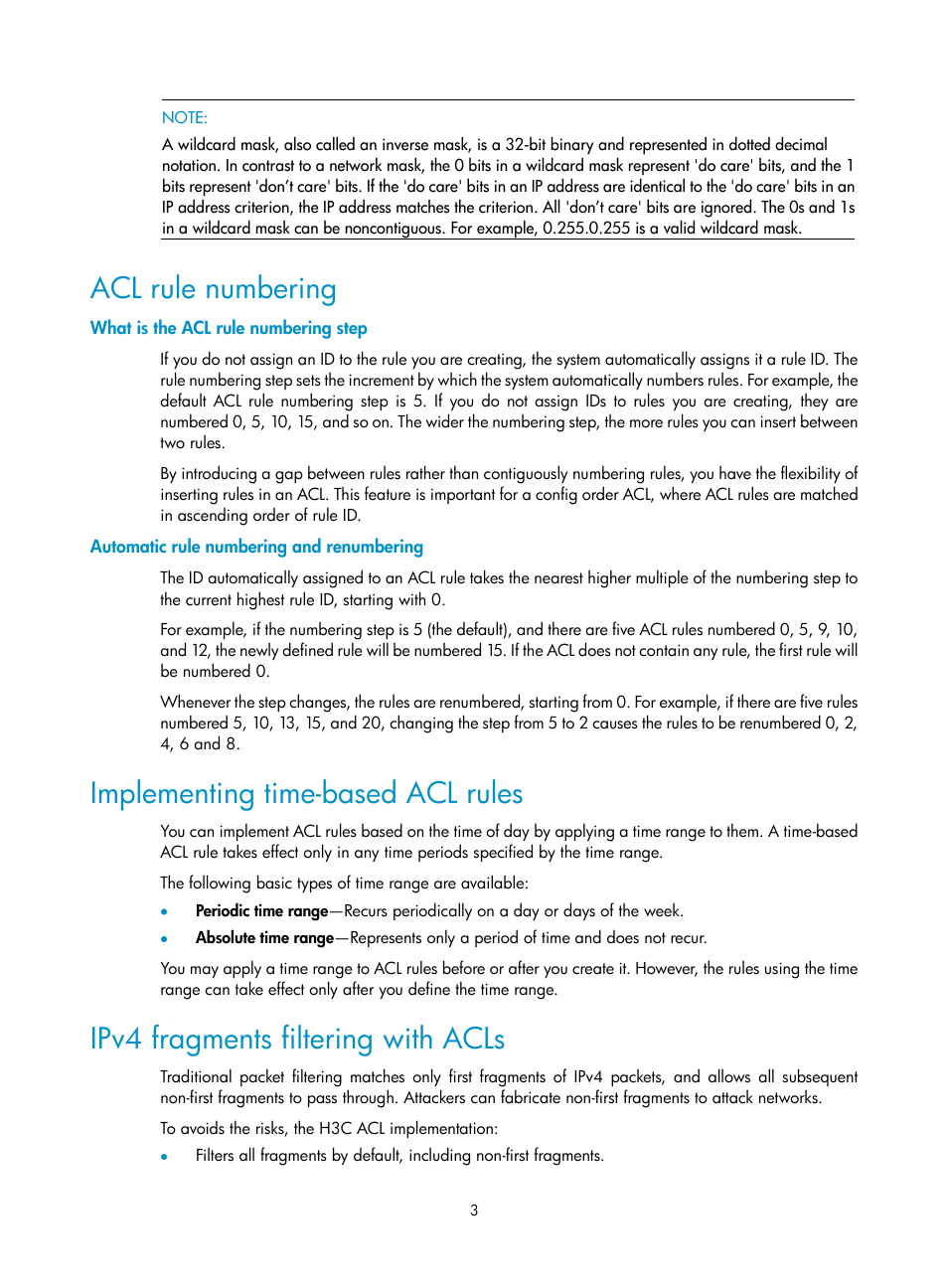 Acl rule numbering, What is the acl rule numbering step, Automatic rule numbering and renumbering | Implementing time-based acl rules, Ipv4 fragments filtering with acls | H3C Technologies H3C SR8800 User Manual | Page 12 / 108