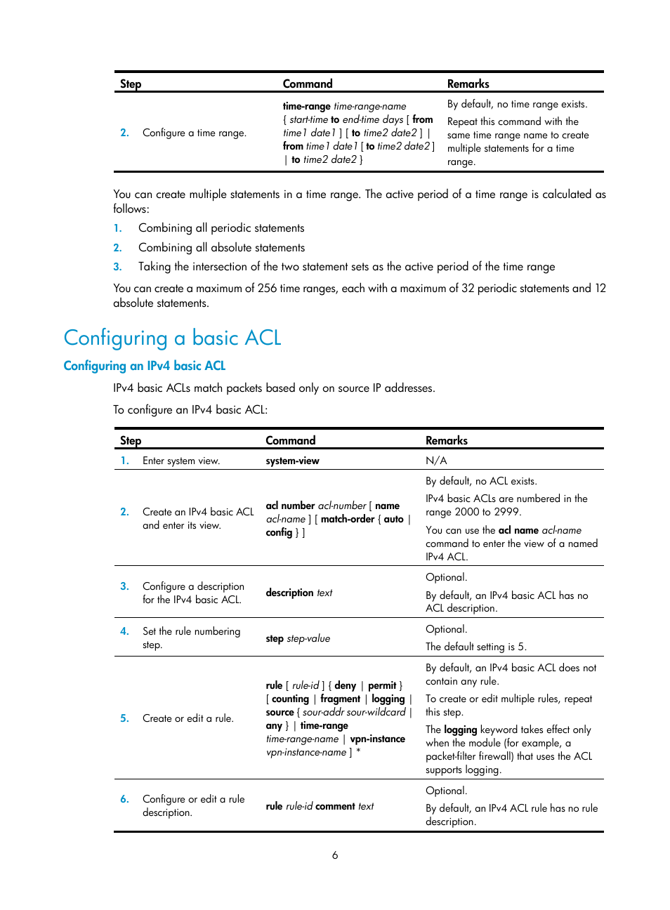 Configuring a basic acl, Configuring an ipv4 basic acl | H3C Technologies H3C SR8800 User Manual | Page 15 / 108