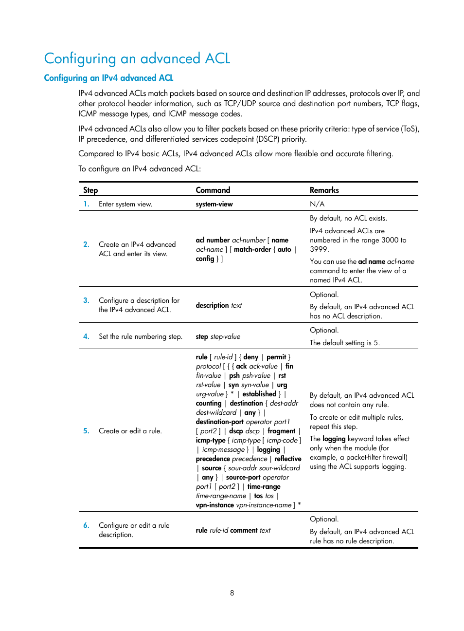 Configuring an advanced acl, Configuring an ipv4 advanced acl | H3C Technologies H3C SR8800 User Manual | Page 17 / 108