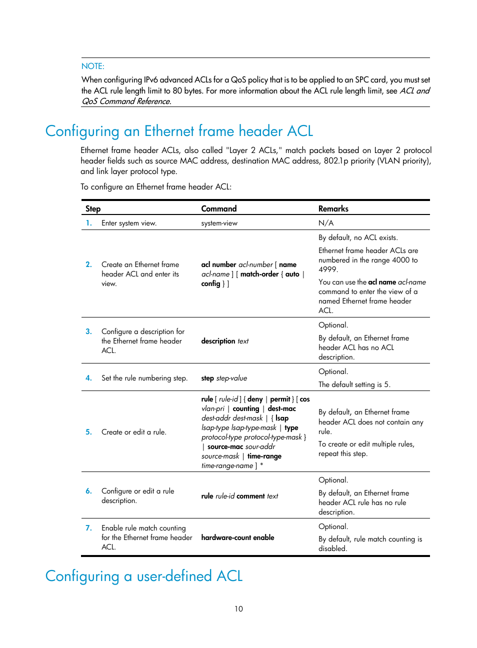 Configuring an ethernet frame header acl, Configuring a user-defined acl | H3C Technologies H3C SR8800 User Manual | Page 19 / 108