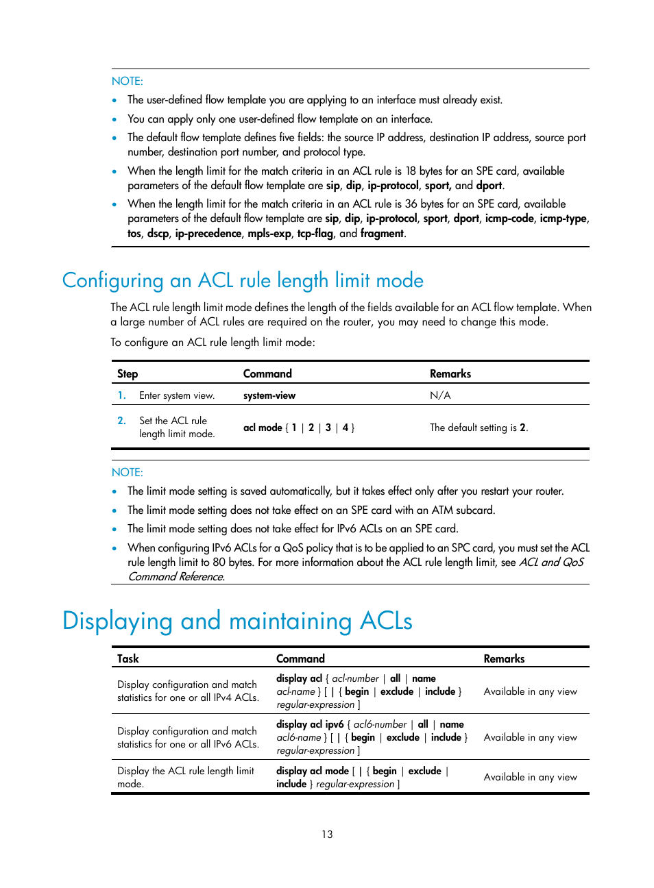 Configuring an acl rule length limit mode, Displaying and maintaining acls | H3C Technologies H3C SR8800 User Manual | Page 22 / 108