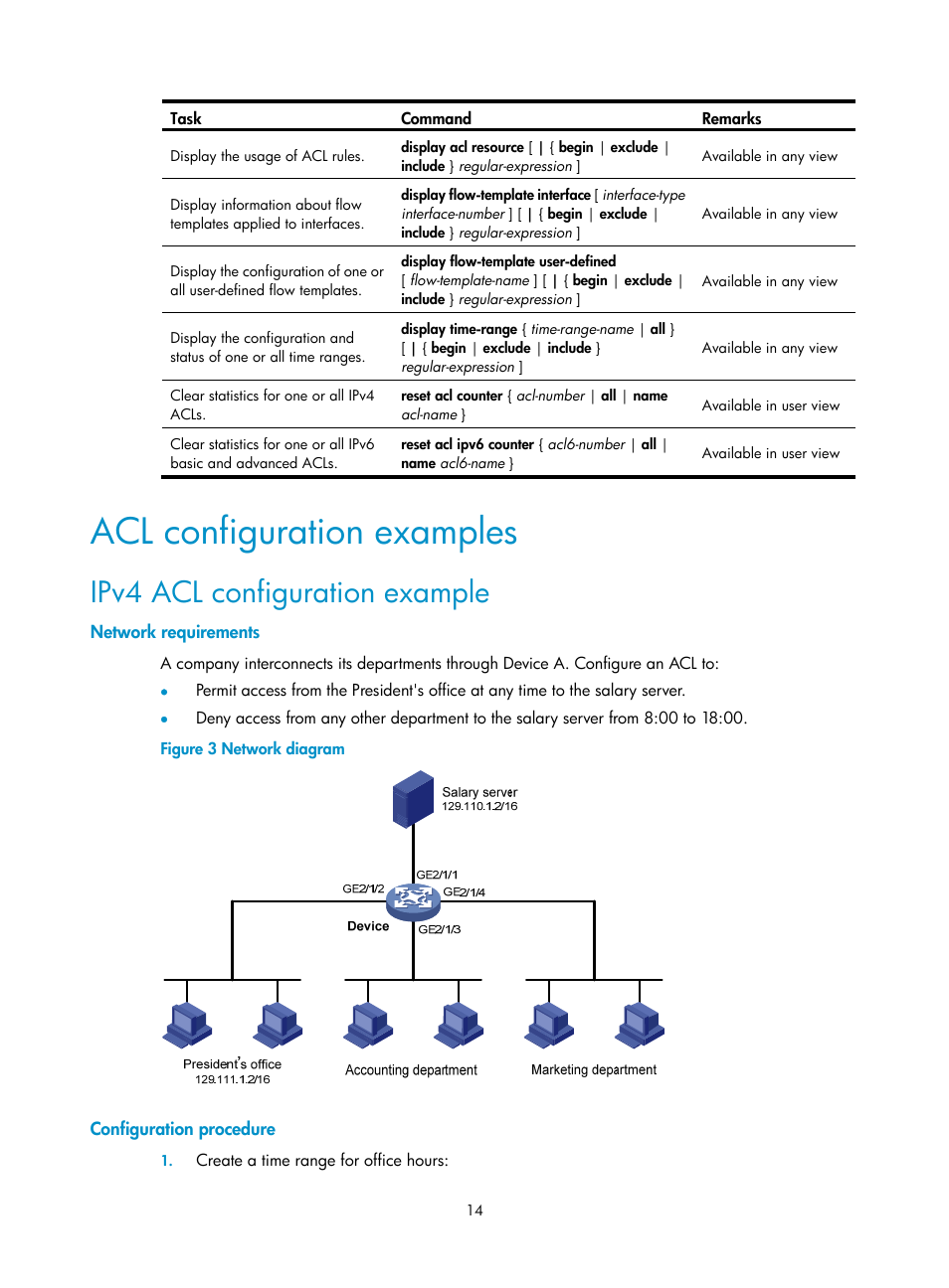 Acl configuration examples, Ipv4 acl configuration example, Network requirements | Configuration procedure | H3C Technologies H3C SR8800 User Manual | Page 23 / 108