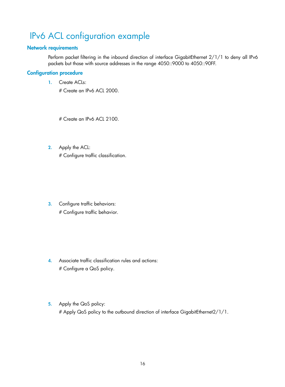 Ipv6 acl configuration example, Network requirements, Configuration procedure | H3C Technologies H3C SR8800 User Manual | Page 25 / 108