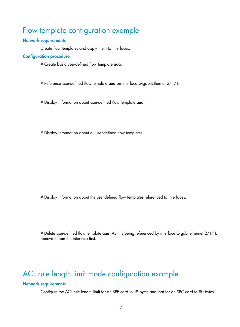 Flow template configuration example, Network requirements, Configuration procedure | Acl rule length limit mode configuration example | H3C Technologies H3C SR8800 User Manual | Page 26 / 108