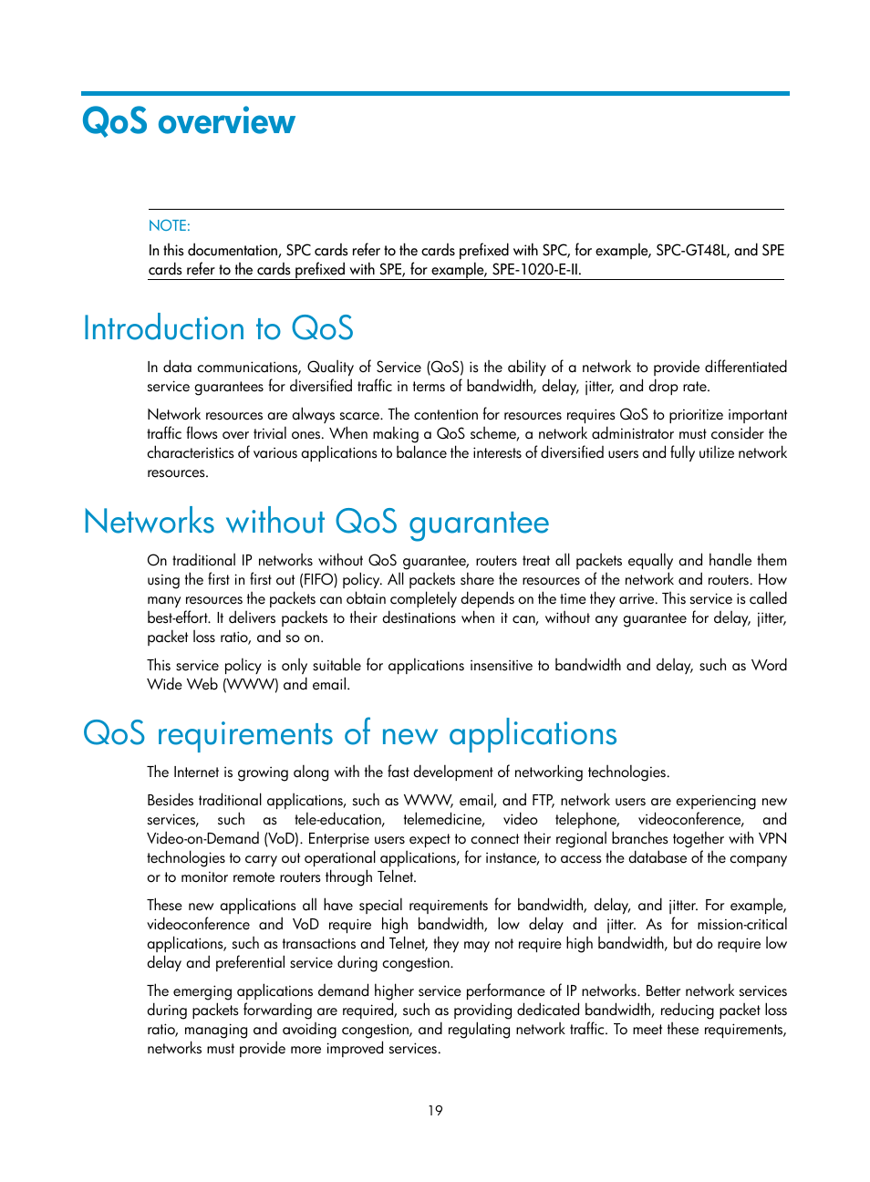 Qos overview, Introduction to qos, Networks without qos guarantee | Qos requirements of new applications | H3C Technologies H3C SR8800 User Manual | Page 28 / 108