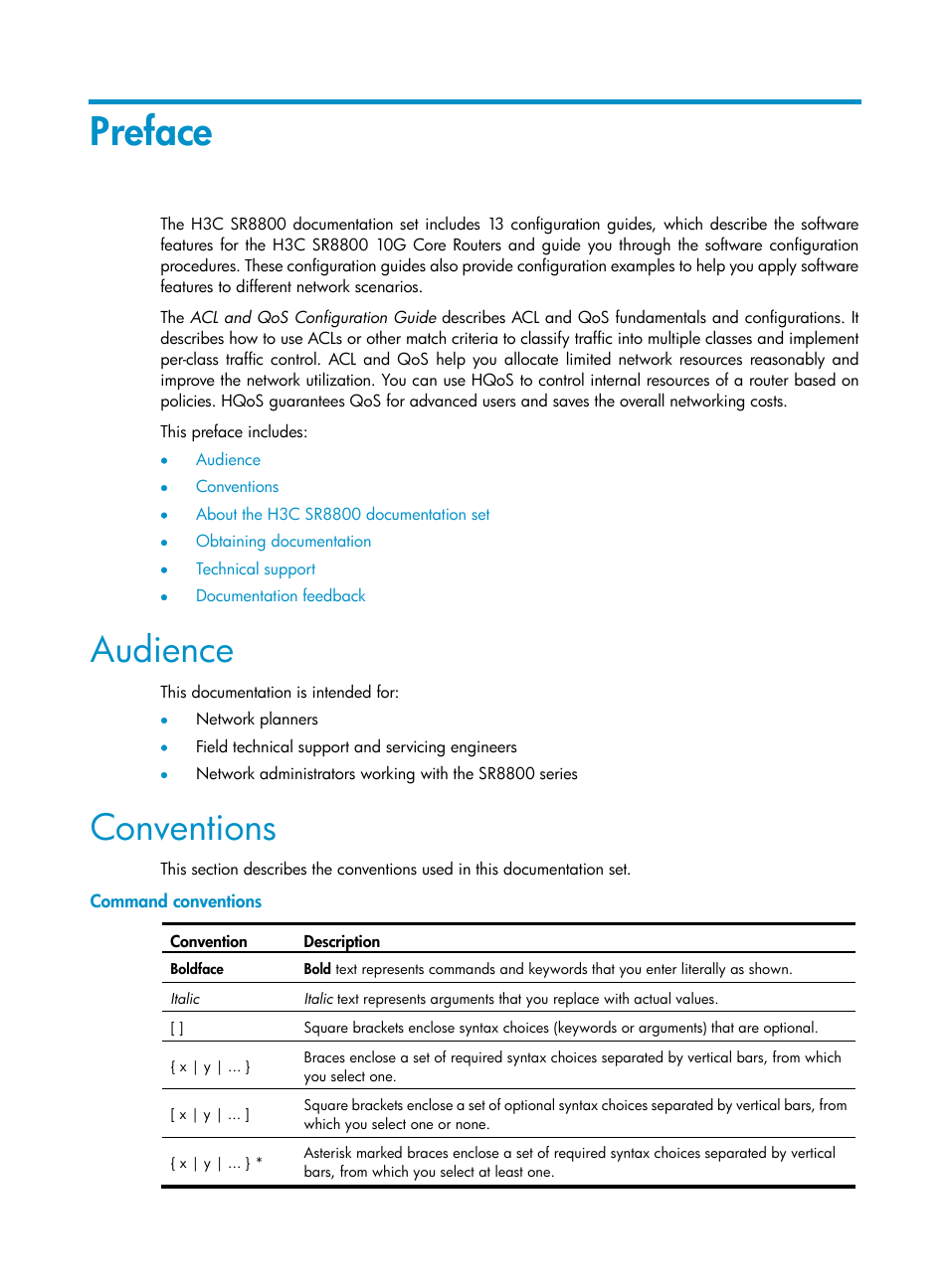 Preface, Audience, Conventions | Command conventions | H3C Technologies H3C SR8800 User Manual | Page 3 / 108