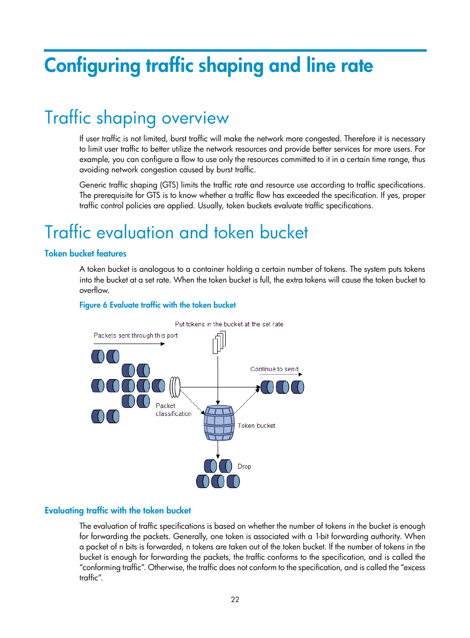 Configuring traffic shaping and line rate, Traffic shaping overview, Traffic evaluation and token bucket | Token bucket features, Evaluating traffic with the token bucket | H3C Technologies H3C SR8800 User Manual | Page 31 / 108