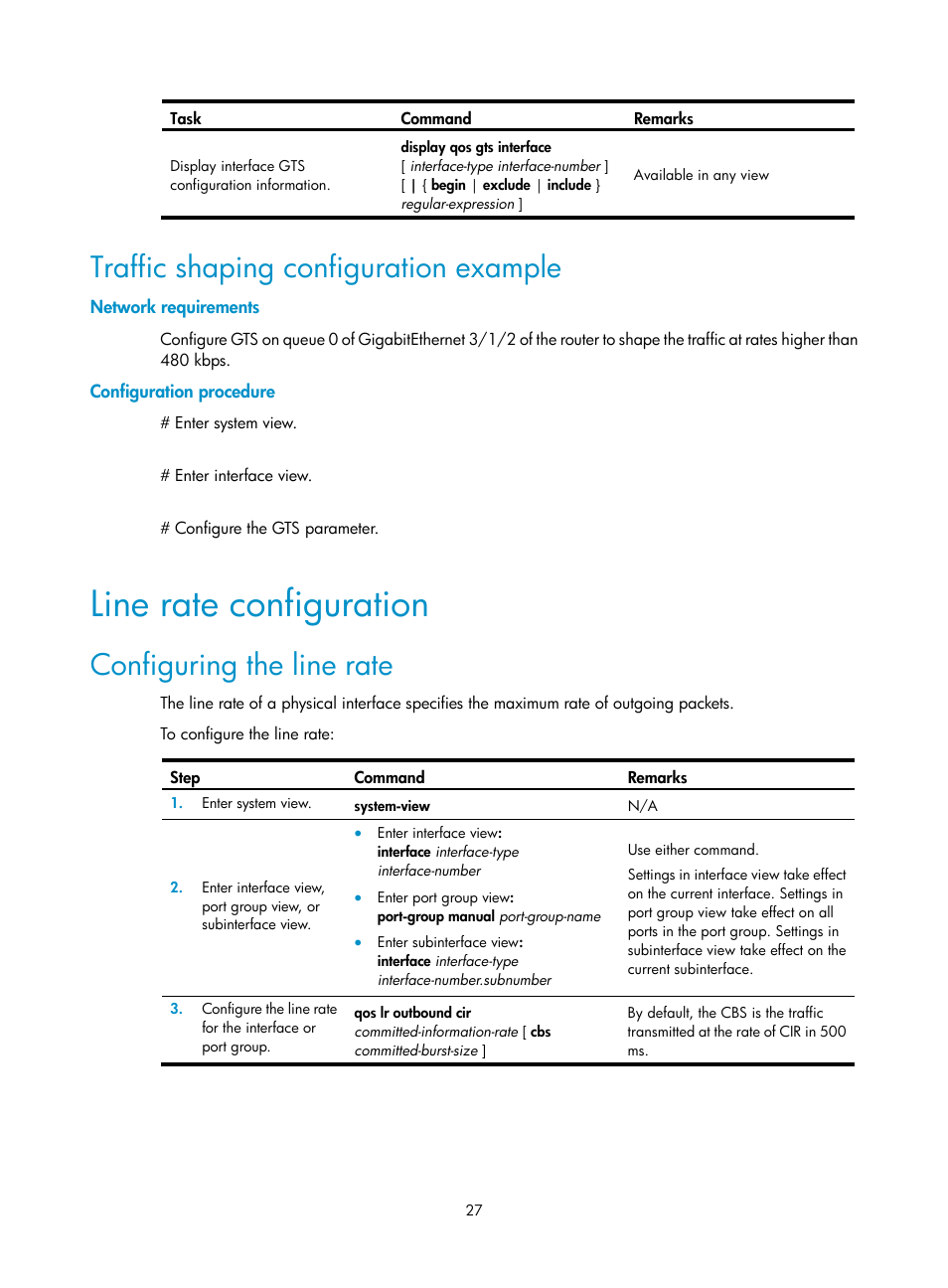 Traffic shaping configuration example, Network requirements, Configuration procedure | Line rate configuration, Configuring the line rate | H3C Technologies H3C SR8800 User Manual | Page 36 / 108