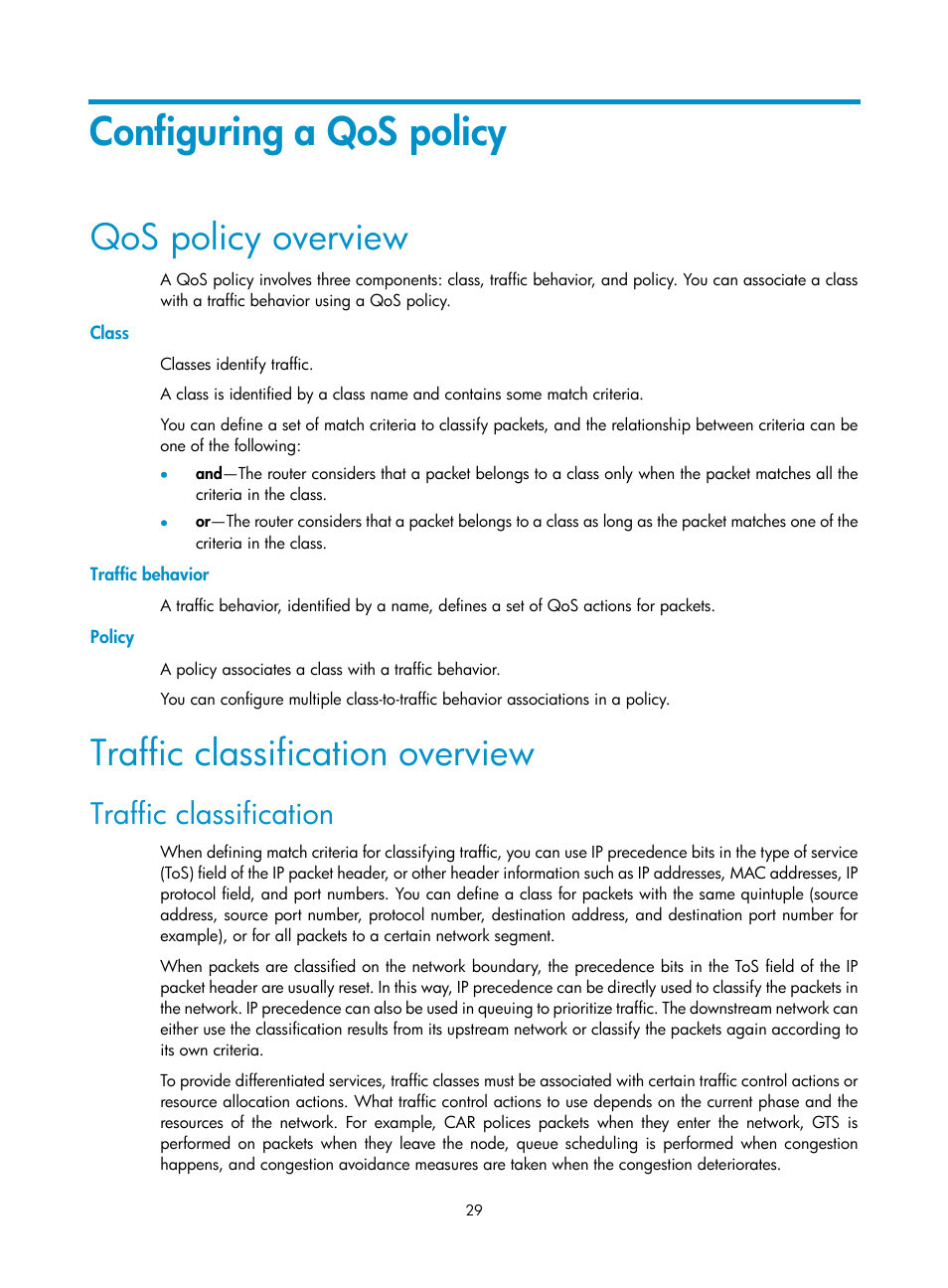 Configuring a qos policy, Qos policy overview, Class | Traffic behavior, Policy, Traffic classification overview, Traffic classification | H3C Technologies H3C SR8800 User Manual | Page 38 / 108