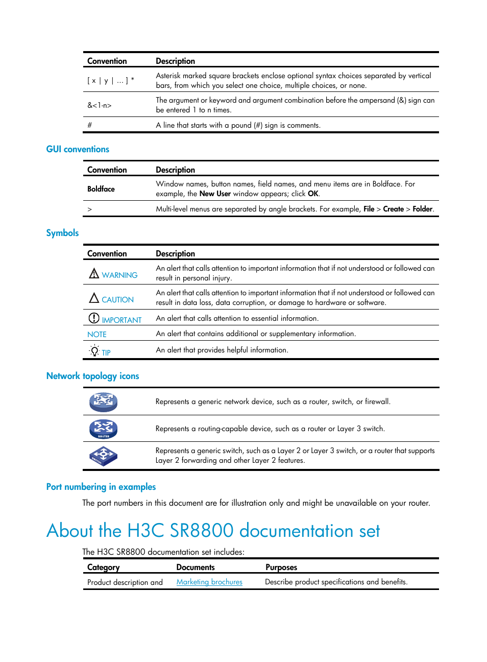 Gui conventions, Symbols, Network topology icons | Port numbering in examples, About the h3c sr8800 documentation set | H3C Technologies H3C SR8800 User Manual | Page 4 / 108