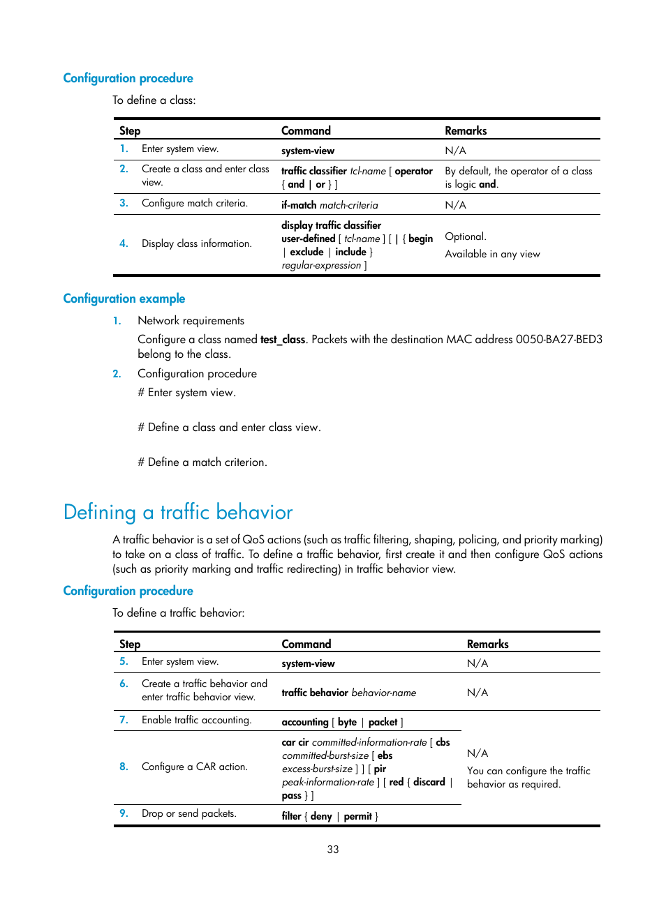 Configuration procedure, Configuration example, Defining a traffic behavior | H3C Technologies H3C SR8800 User Manual | Page 42 / 108