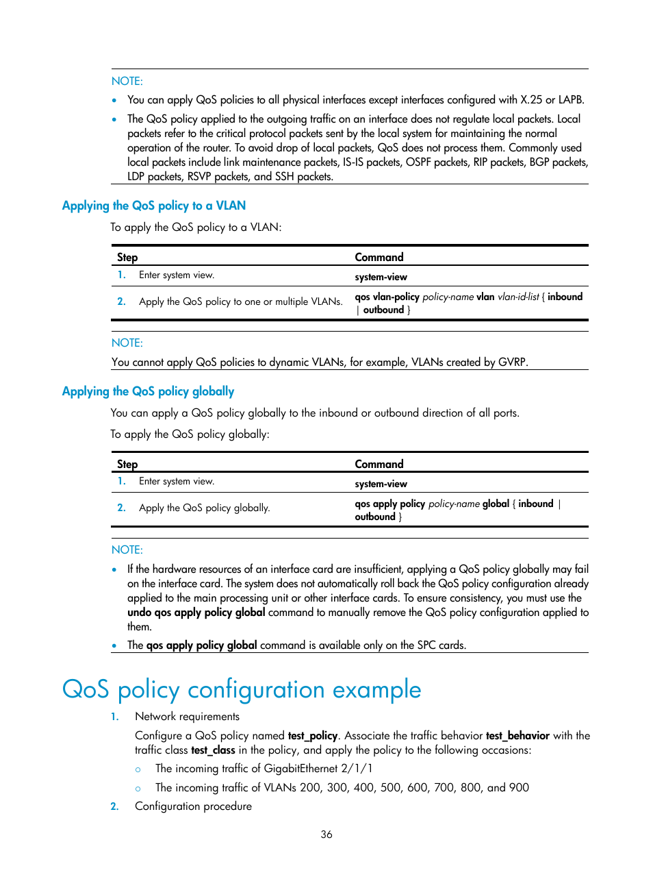 Applying the qos policy to a vlan, Applying the qos policy globally, Qos policy configuration example | H3C Technologies H3C SR8800 User Manual | Page 45 / 108