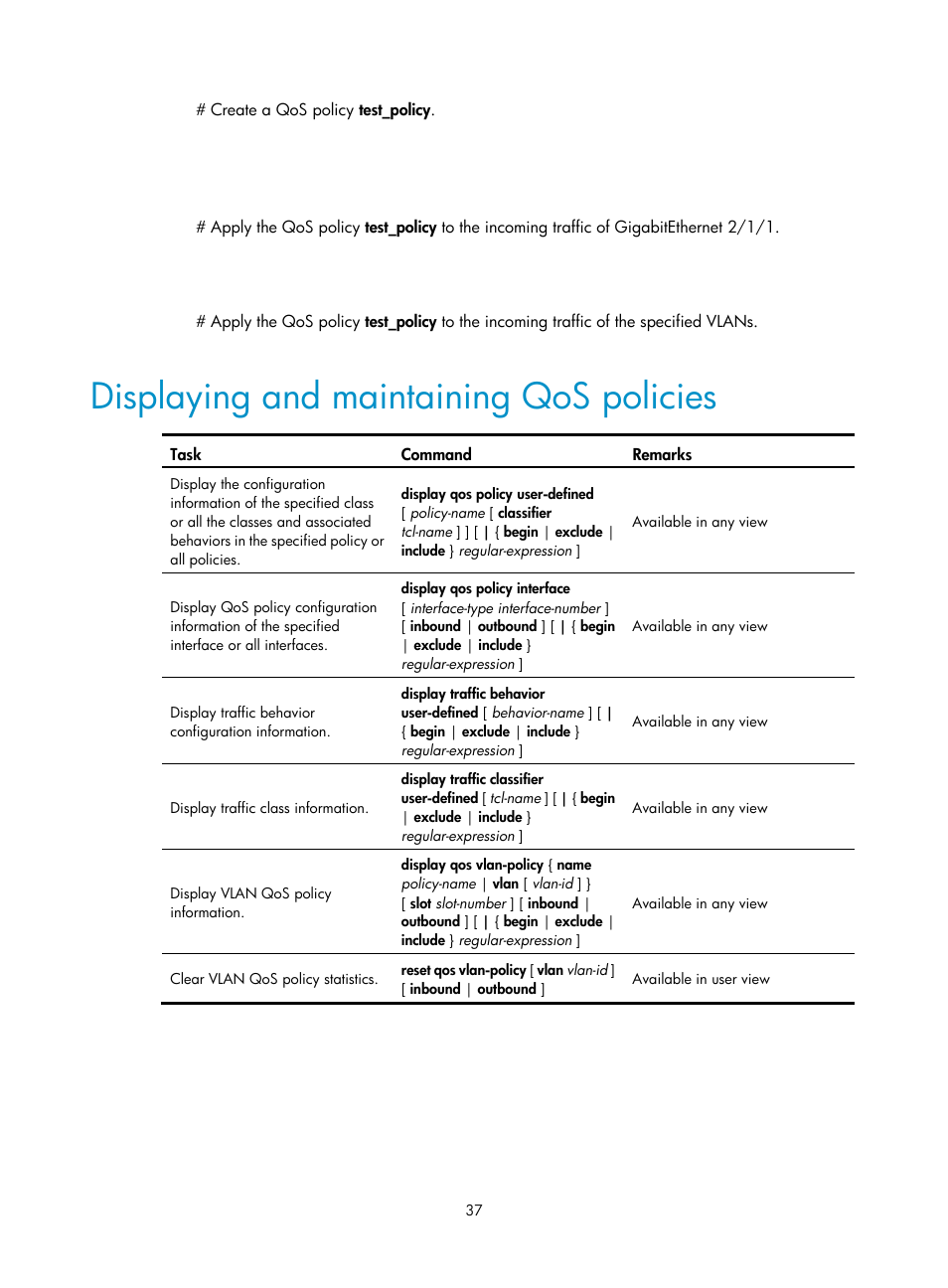 Displaying and maintaining qos policies | H3C Technologies H3C SR8800 User Manual | Page 46 / 108