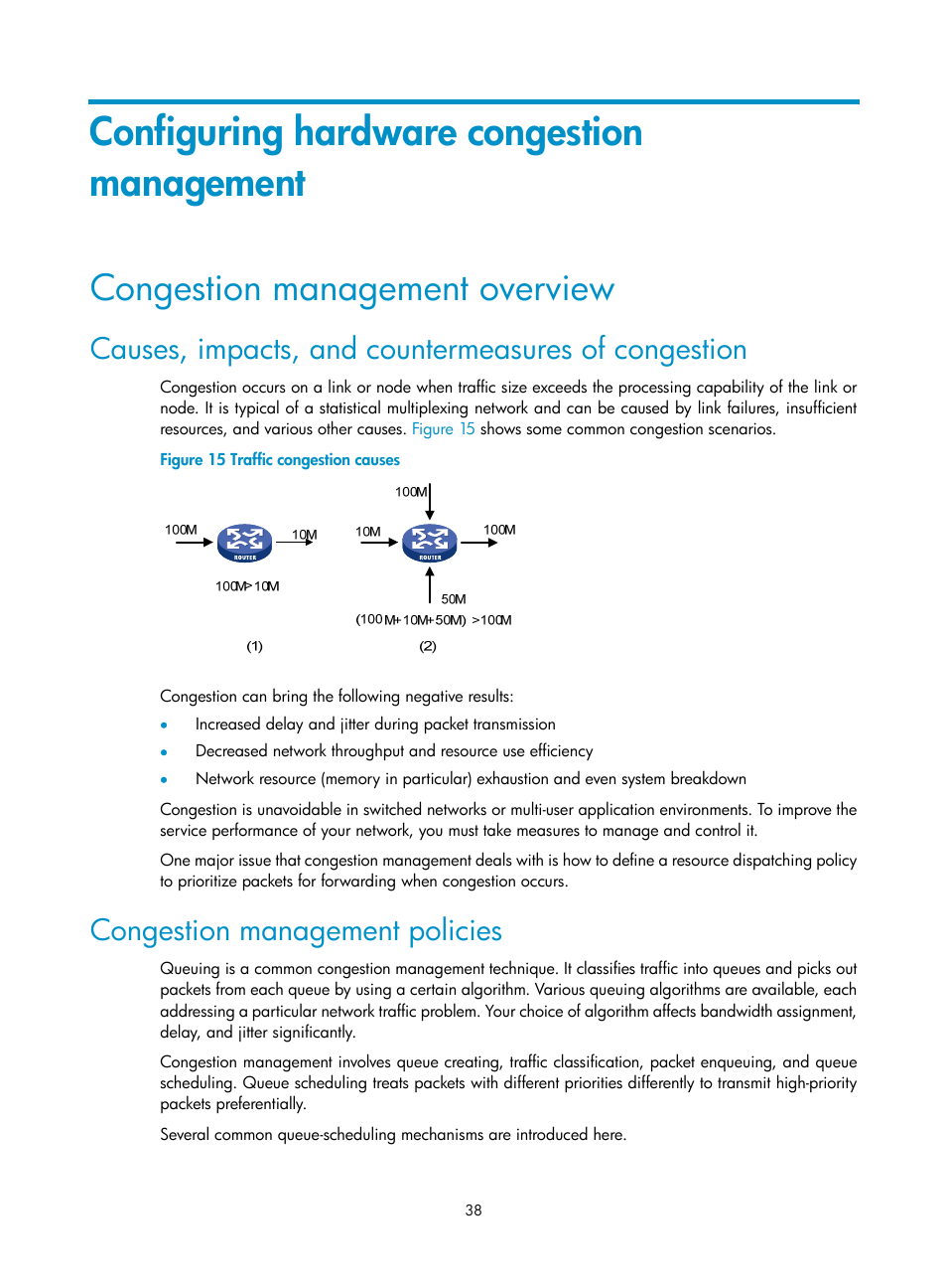 Configuring hardware congestion management, Congestion management overview, Causes, impacts, and countermeasures of congestion | Congestion management policies | H3C Technologies H3C SR8800 User Manual | Page 47 / 108