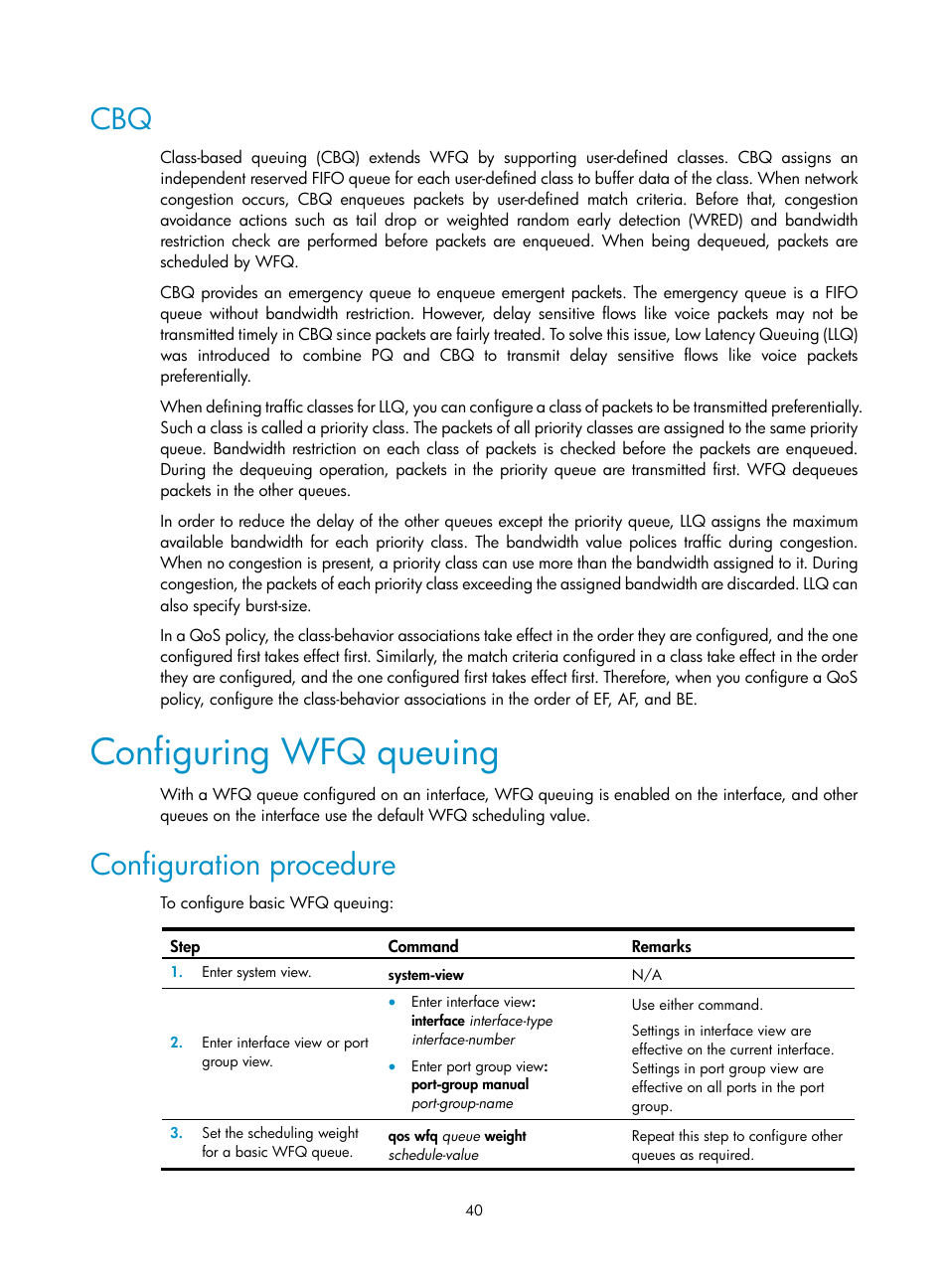 Configuring wfq queuing, Configuration procedure | H3C Technologies H3C SR8800 User Manual | Page 49 / 108