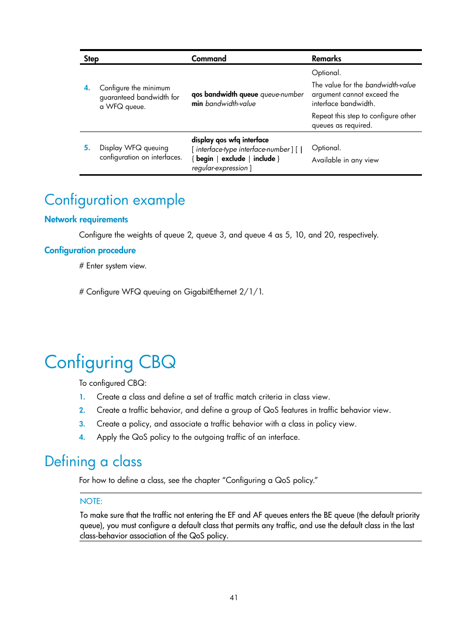 Configuration example, Network requirements, Configuration procedure | Configuring cbq, Defining a class | H3C Technologies H3C SR8800 User Manual | Page 50 / 108