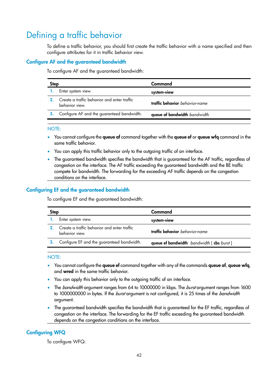 Defining a traffic behavior, Configure af and the guaranteed bandwidth, Configuring ef and the guaranteed bandwidth | Configuring wfq | H3C Technologies H3C SR8800 User Manual | Page 51 / 108