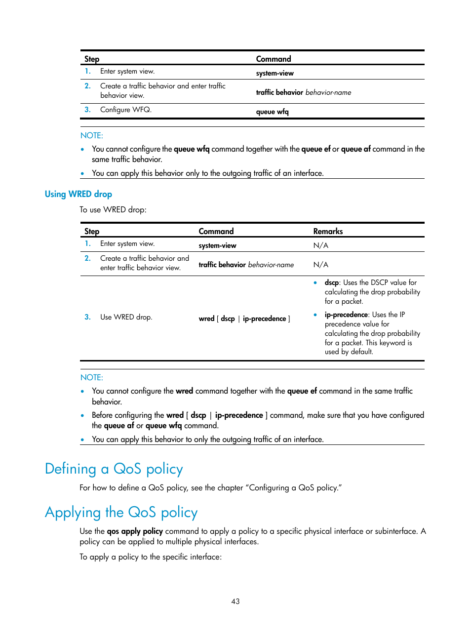 Using wred drop, Defining a qos policy, Applying the qos policy | H3C Technologies H3C SR8800 User Manual | Page 52 / 108