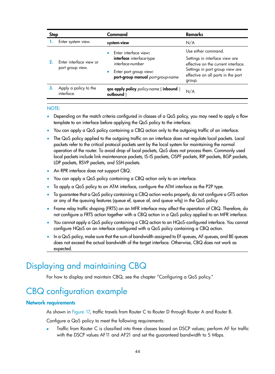 Displaying and maintaining cbq, Cbq configuration example, Network requirements | H3C Technologies H3C SR8800 User Manual | Page 53 / 108