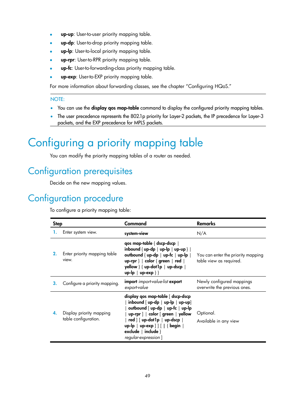 Configuring a priority mapping table, Configuration prerequisites, Configuration procedure | H3C Technologies H3C SR8800 User Manual | Page 58 / 108