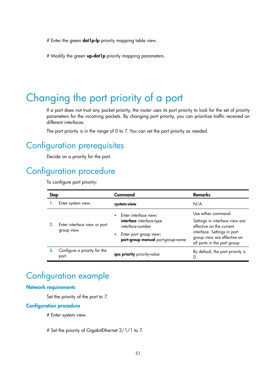 Changing the port priority of a port, Configuration prerequisites, Configuration procedure | Configuration example, Network requirements | H3C Technologies H3C SR8800 User Manual | Page 60 / 108