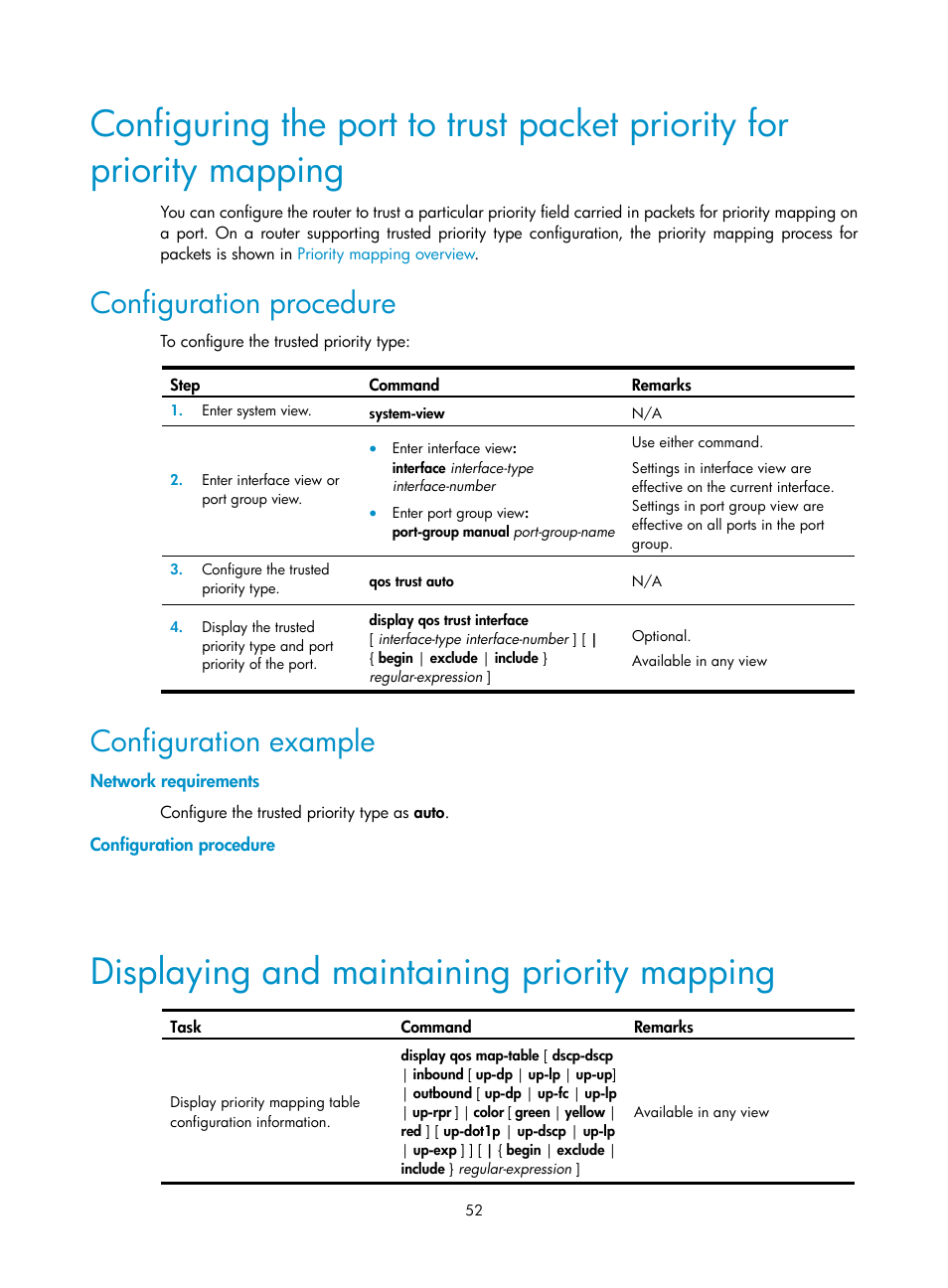 Configuration procedure, Configuration example, Network requirements | Displaying and maintaining priority mapping | H3C Technologies H3C SR8800 User Manual | Page 61 / 108