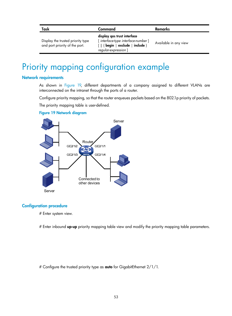 Priority mapping configuration example, Network requirements, Configuration procedure | H3C Technologies H3C SR8800 User Manual | Page 62 / 108