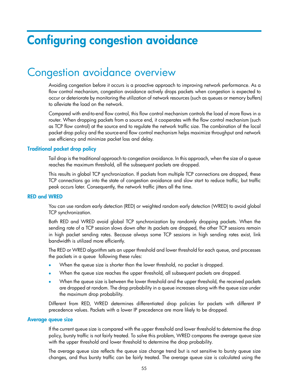 Configuring congestion avoidance, Congestion avoidance overview, Traditional packet drop policy | Red and wred, Average queue size | H3C Technologies H3C SR8800 User Manual | Page 64 / 108