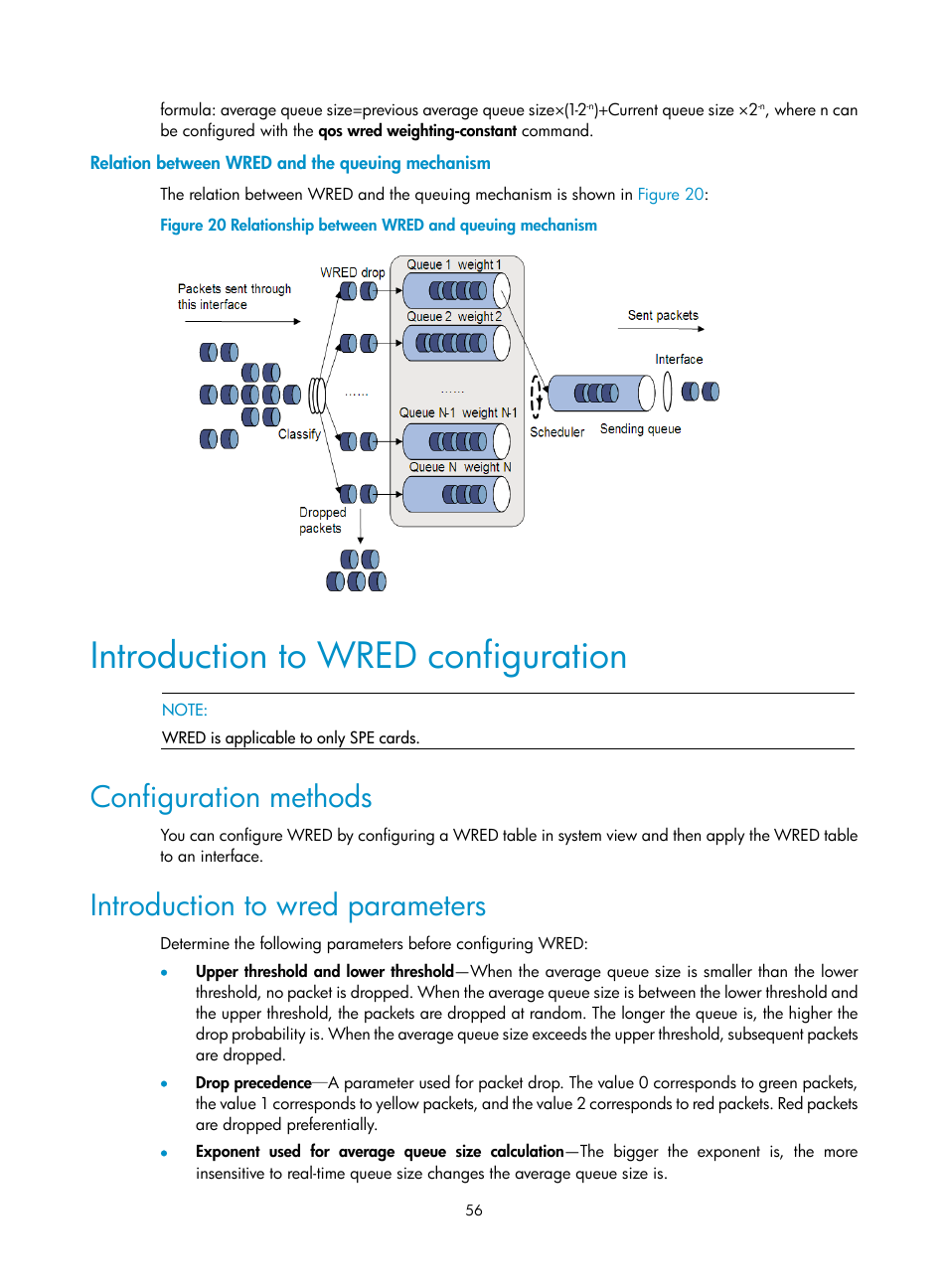 Relation between wred and the queuing mechanism, Introduction to wred configuration, Configuration methods | Introduction to wred parameters | H3C Technologies H3C SR8800 User Manual | Page 65 / 108