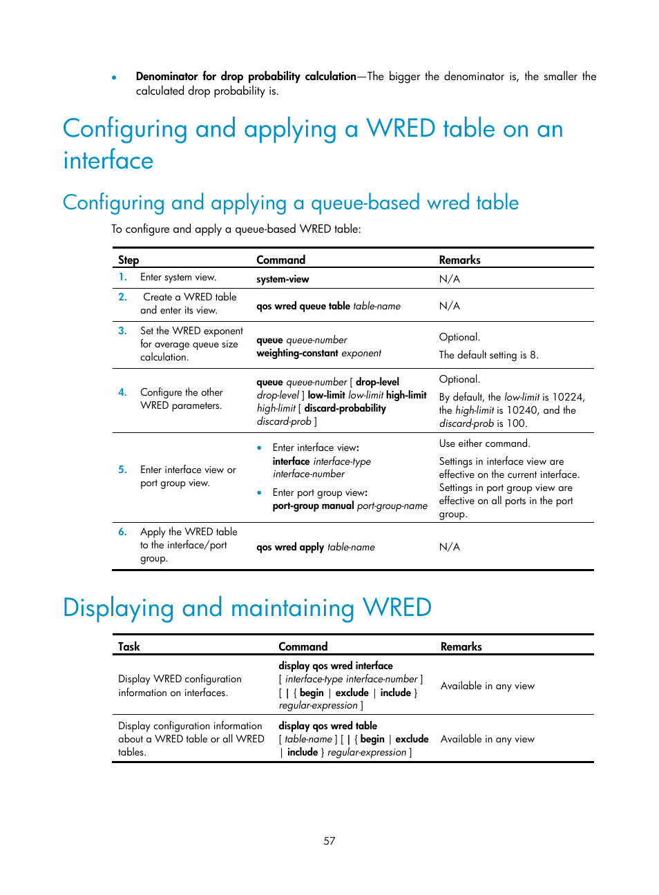 Configuring and applying a queue-based wred table, Displaying and maintaining wred | H3C Technologies H3C SR8800 User Manual | Page 66 / 108