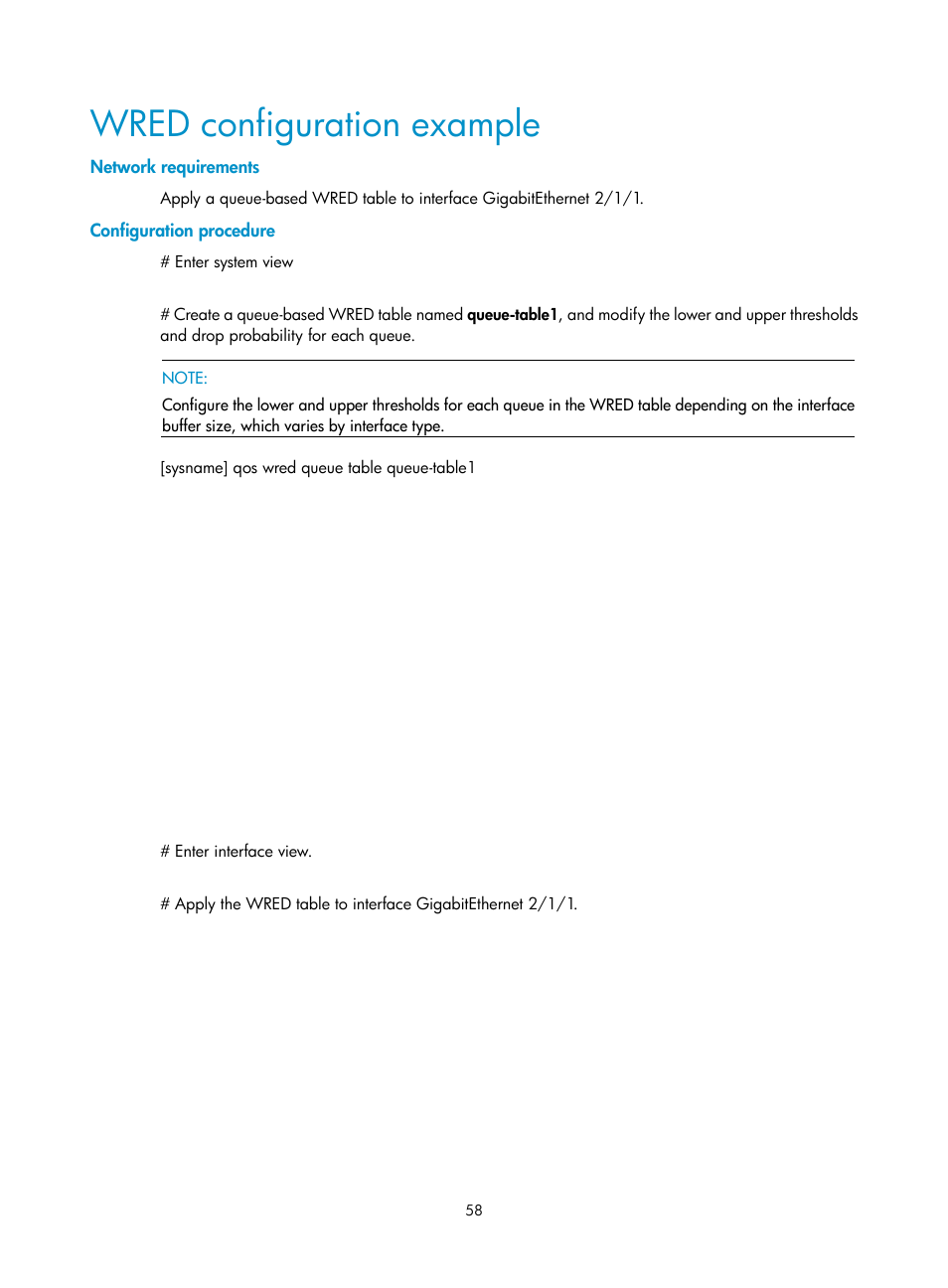 Wred configuration example, Network requirements, Configuration procedure | H3C Technologies H3C SR8800 User Manual | Page 67 / 108