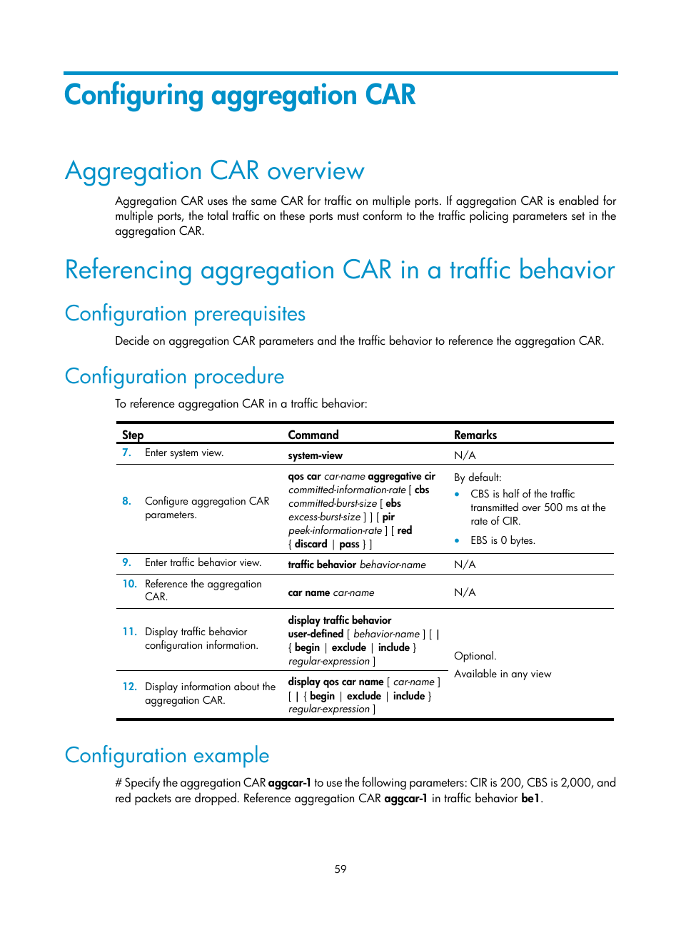 Configuring aggregation car, Aggregation car overview, Referencing aggregation car in a traffic behavior | Configuration prerequisites, Configuration procedure, Configuration example | H3C Technologies H3C SR8800 User Manual | Page 68 / 108