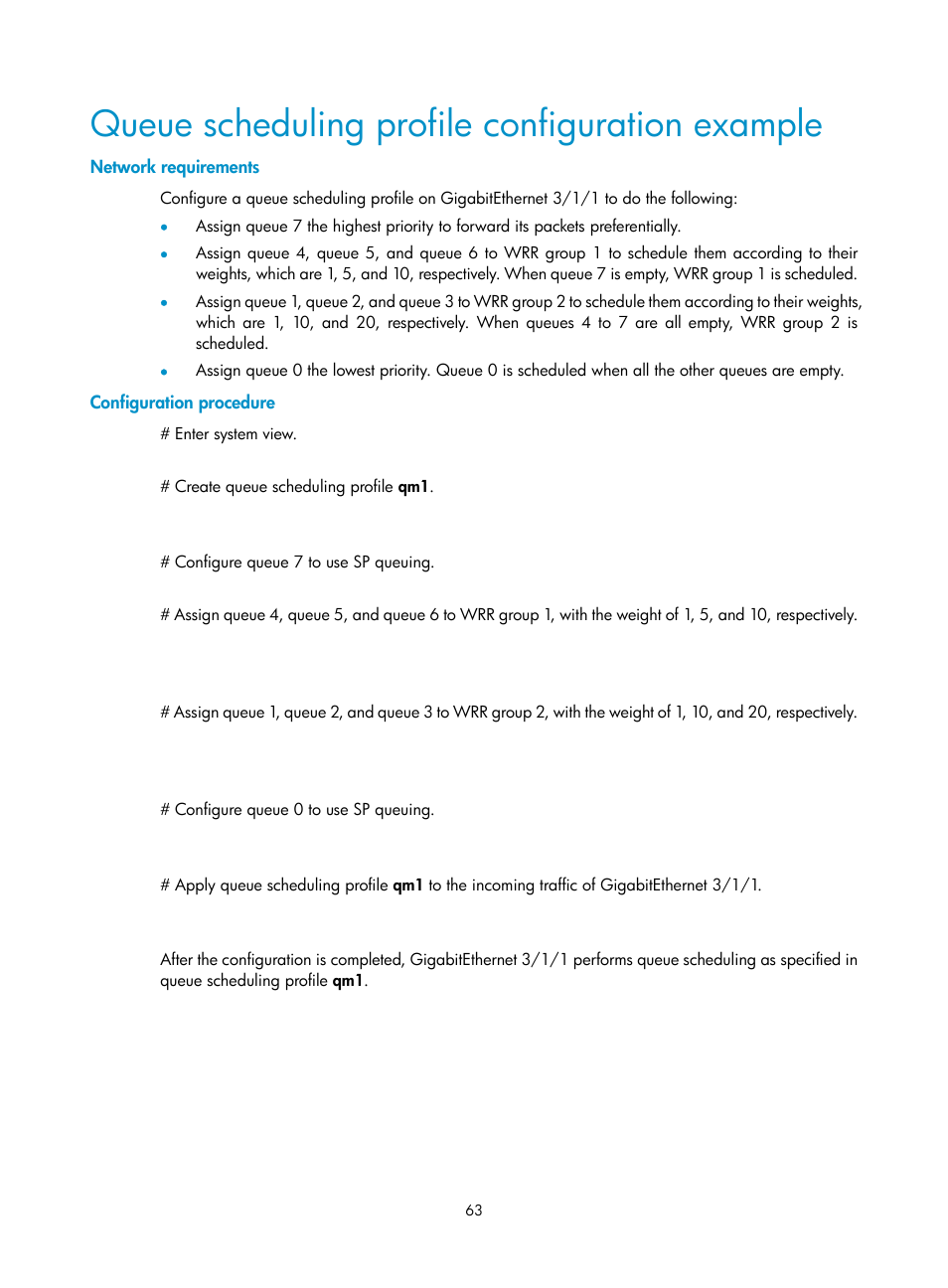 Queue scheduling profile configuration example, Network requirements, Configuration procedure | H3C Technologies H3C SR8800 User Manual | Page 72 / 108