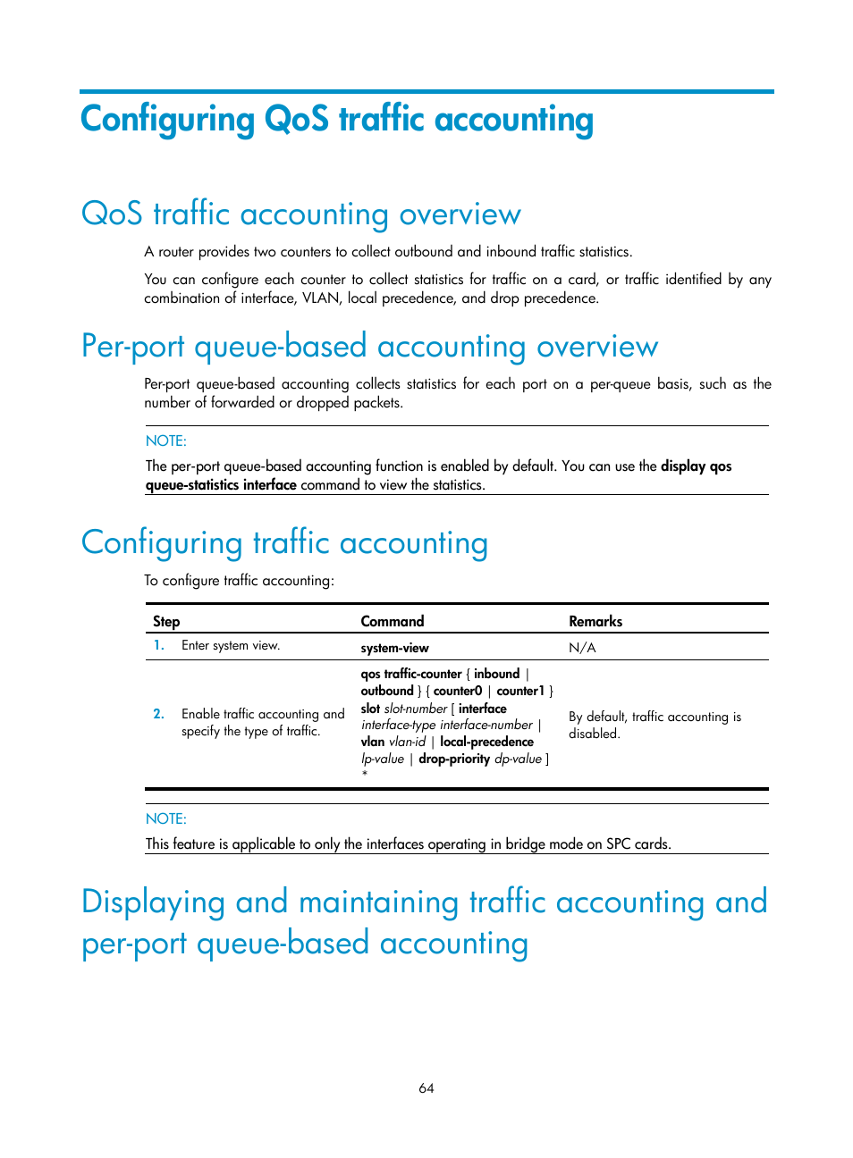 Configuring qos traffic accounting, Qos traffic accounting overview, Per-port queue-based accounting overview | Configuring traffic accounting | H3C Technologies H3C SR8800 User Manual | Page 73 / 108