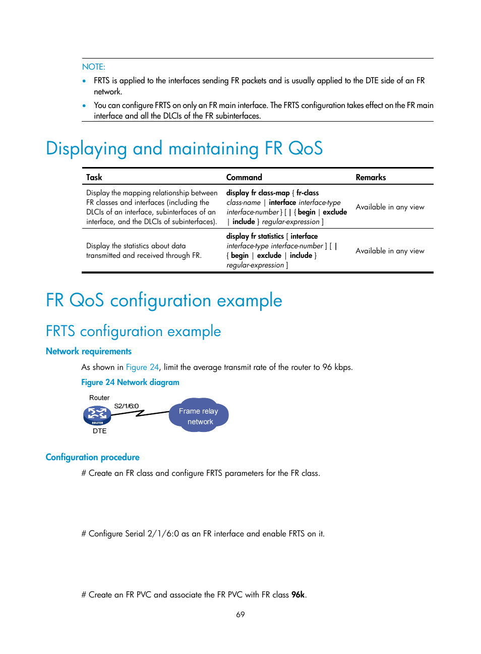 Displaying and maintaining fr qos, Fr qos configuration example, Frts configuration example | Network requirements, Configuration procedure | H3C Technologies H3C SR8800 User Manual | Page 78 / 108