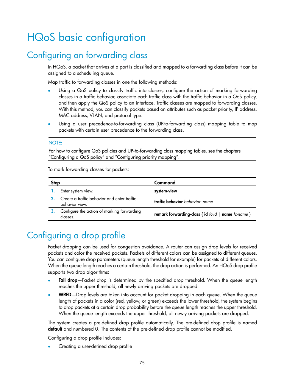 Hqos basic configuration, Configuring an forwarding class, Configuring a drop profile | H3C Technologies H3C SR8800 User Manual | Page 84 / 108