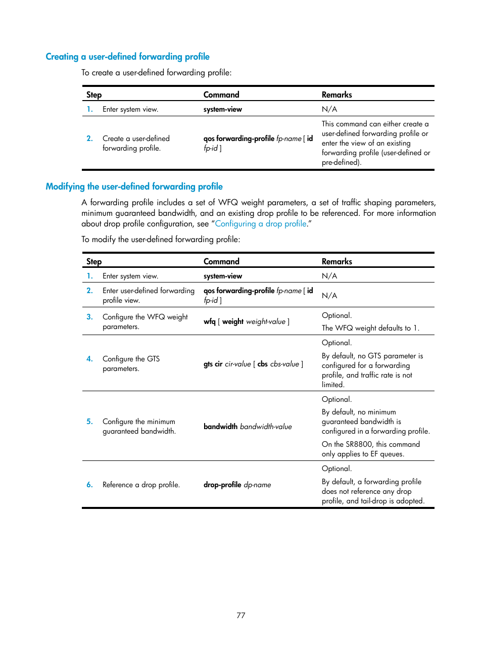 Creating a user-defined forwarding profile, Modifying the user-defined forwarding profile | H3C Technologies H3C SR8800 User Manual | Page 86 / 108