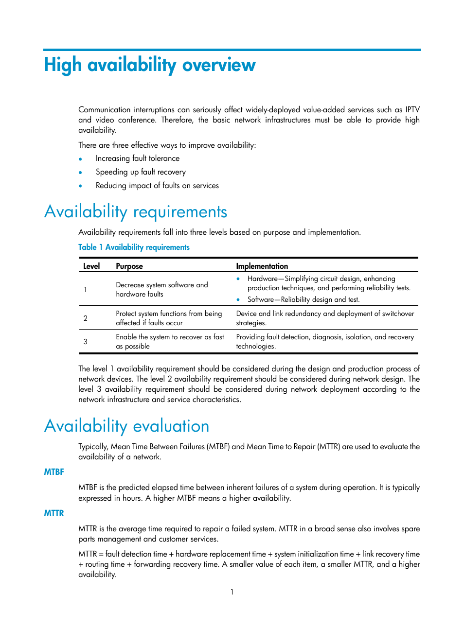 High availability overview, Availability requirements, Availability evaluation | Mtbf, Mttr | H3C Technologies H3C SR8800 User Manual | Page 10 / 149