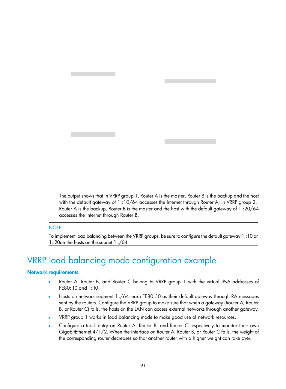 Vrrp load balancing mode configuration example, Network requirements | H3C Technologies H3C SR8800 User Manual | Page 100 / 149