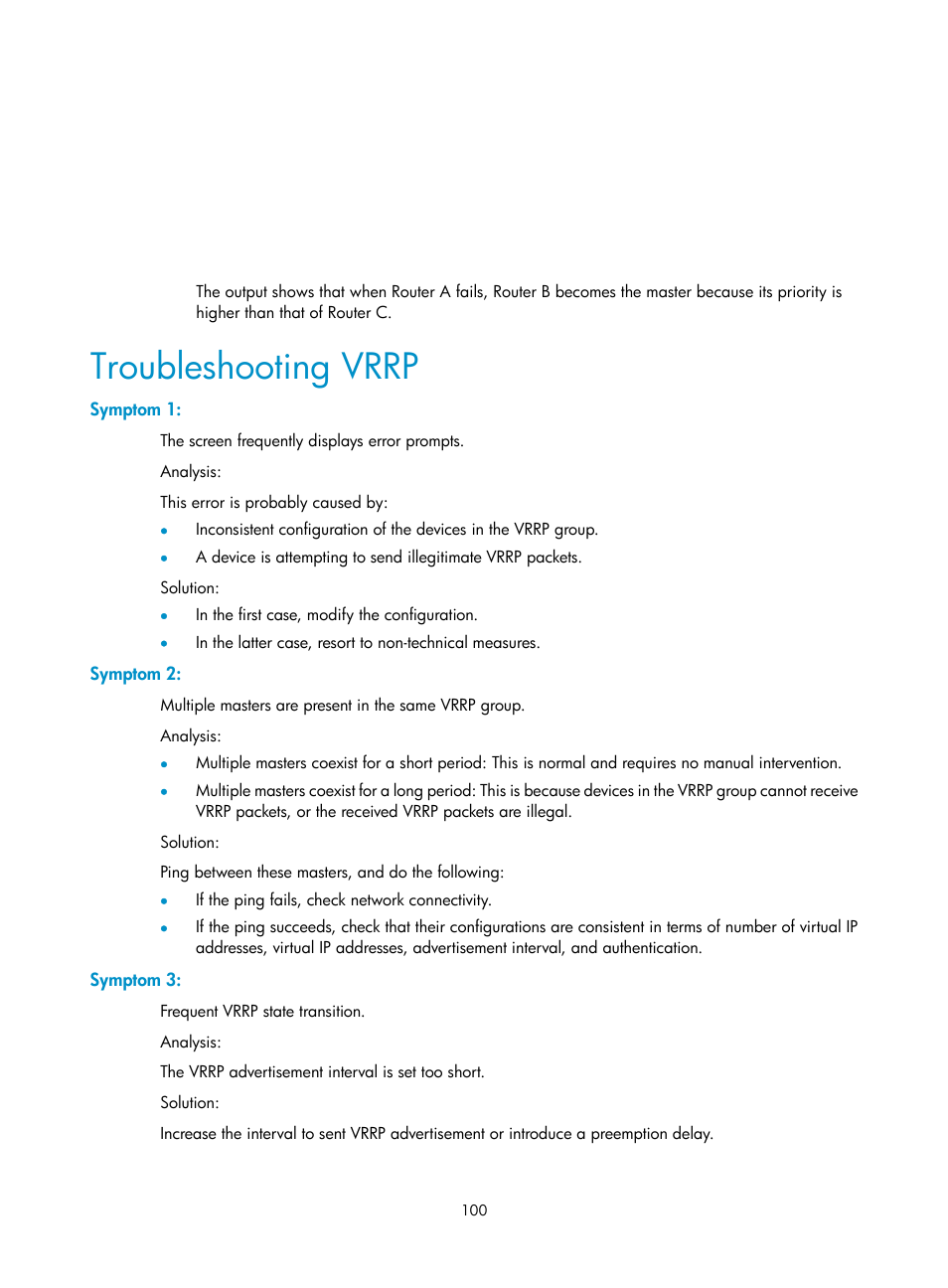 Troubleshooting vrrp, Symptom 1, Symptom 2 | Symptom 3 | H3C Technologies H3C SR8800 User Manual | Page 109 / 149