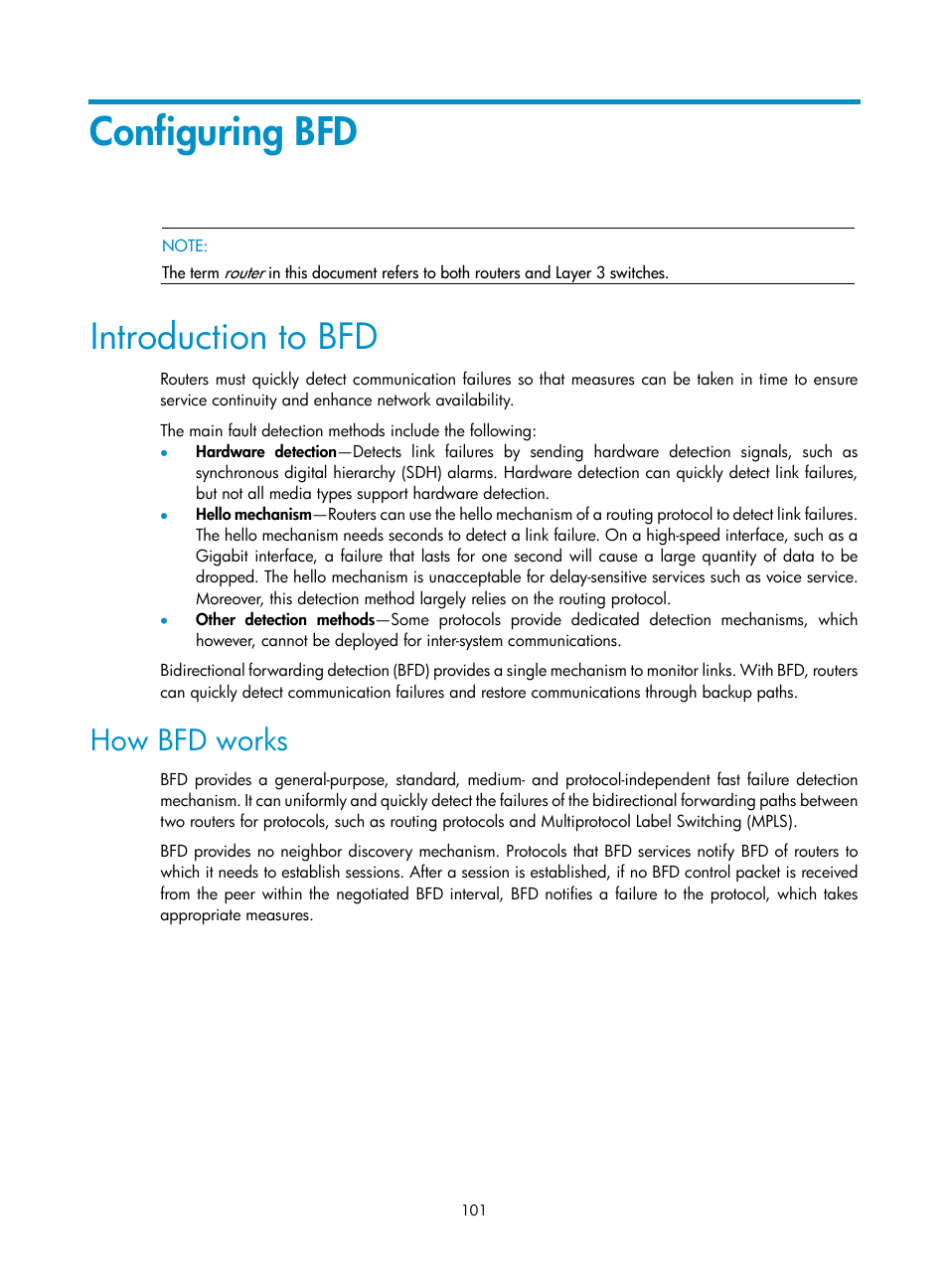 Configuring bfd, Introduction to bfd, How bfd works | H3C Technologies H3C SR8800 User Manual | Page 110 / 149