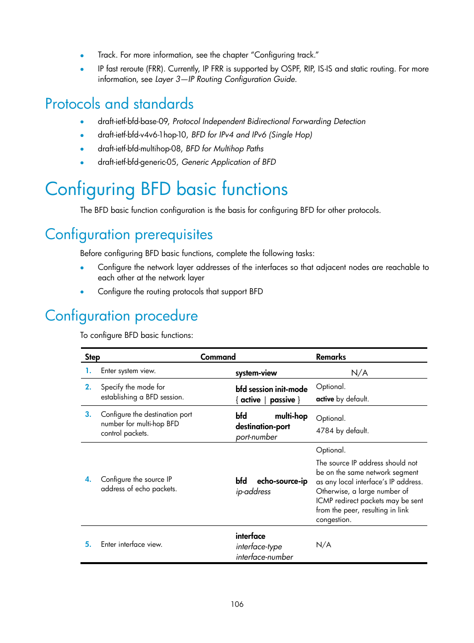 Protocols and standards, Configuring bfd basic functions, Configuration prerequisites | Configuration procedure | H3C Technologies H3C SR8800 User Manual | Page 115 / 149
